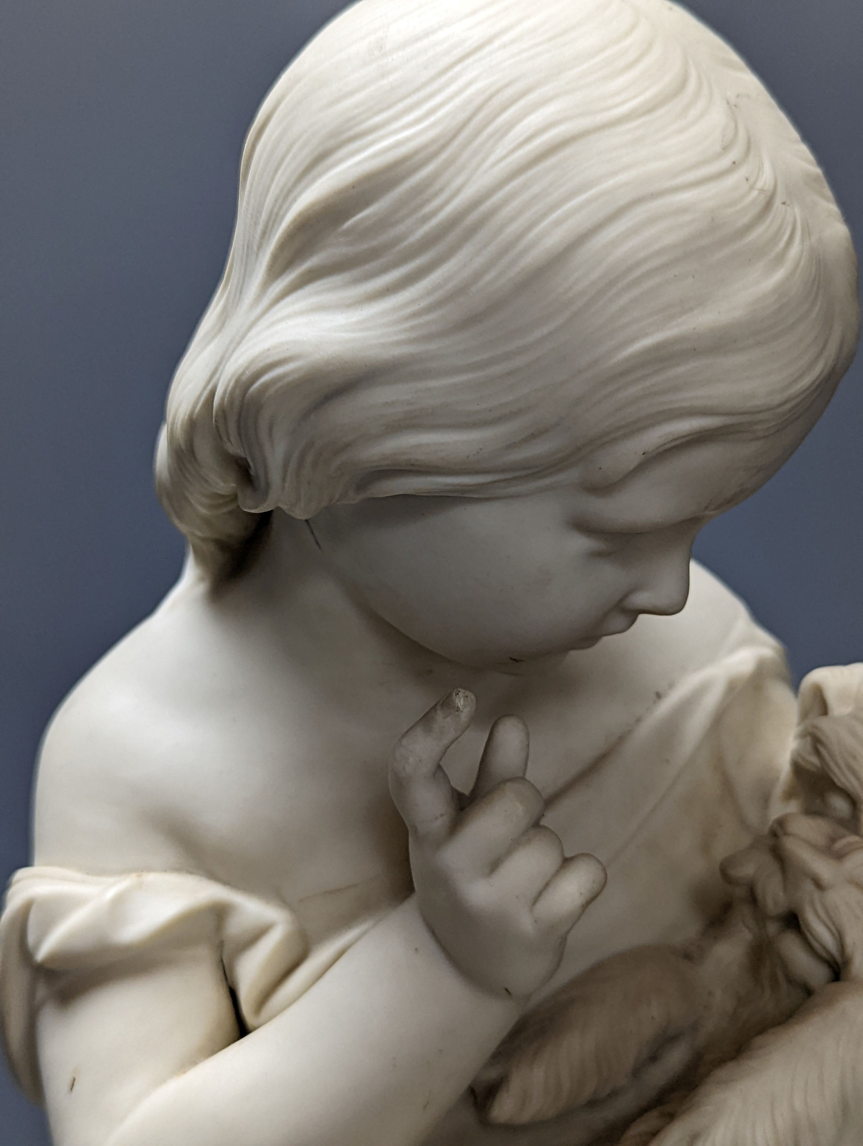 A Copeland Parian group Girl with dog entitled 'Go to sleep' 45cm